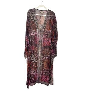 Midnight Velvet Duster Cardigan Kimono 3X Maroon Beaded Embroidered Paisley Long
